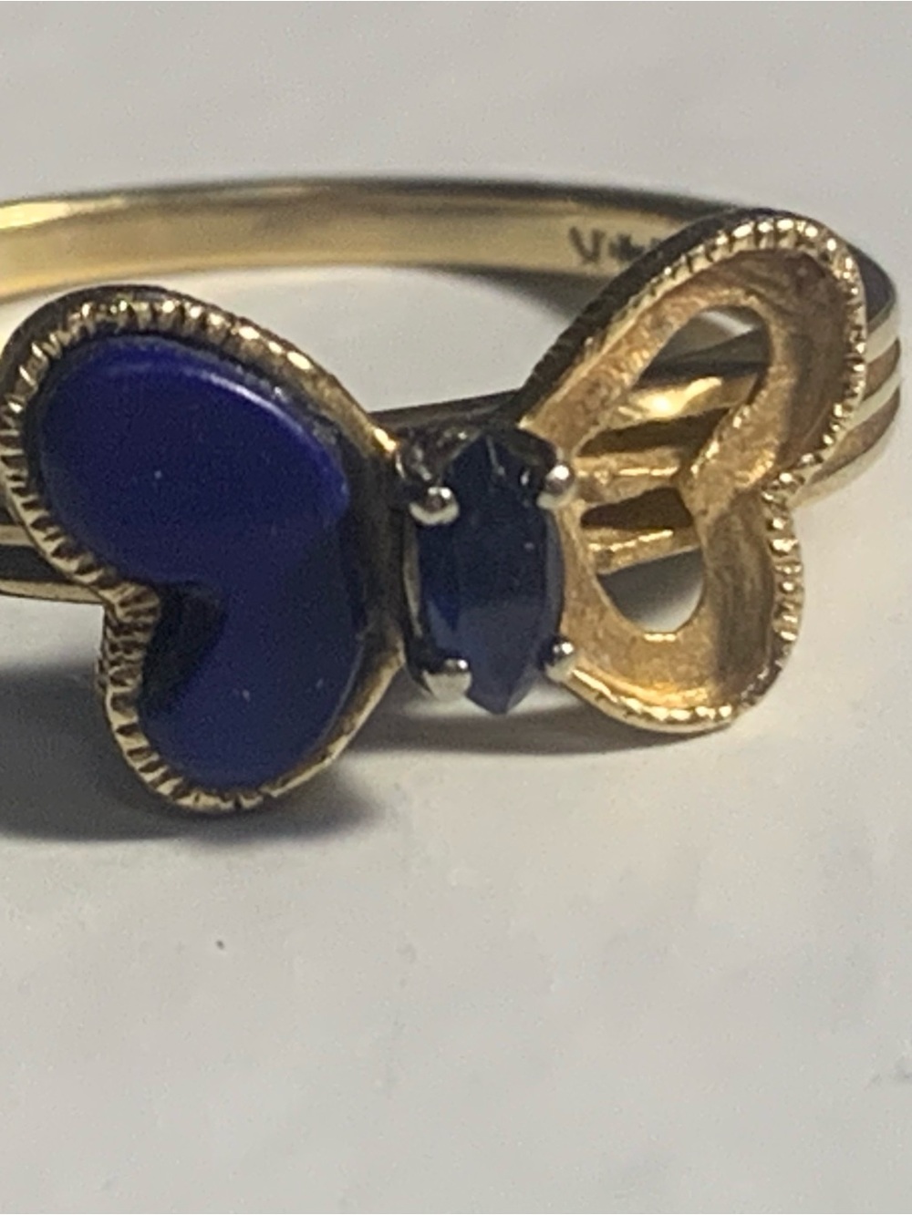 14kt Gold Butterfly Ring Blue Enamel Blue Stone. 2.74 grams missing side stone.